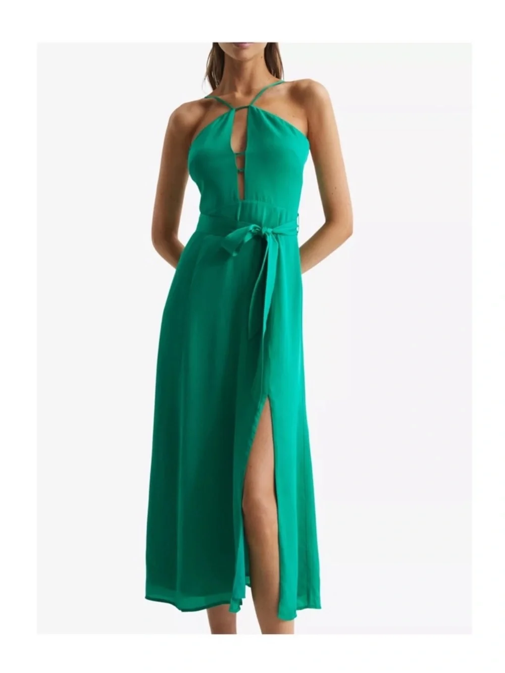 New! Reiss Arianna Plunge Halter Neck Cut-out Midi Dress in Emerald Green - Picture 1 of 11